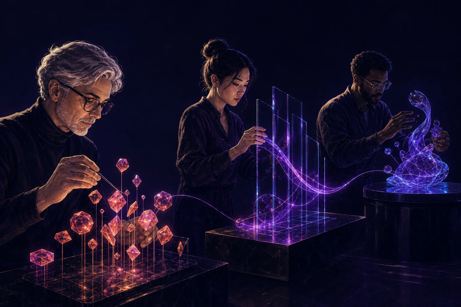 Three specialists shape intent, reach, and creative expression at connected studio stations.