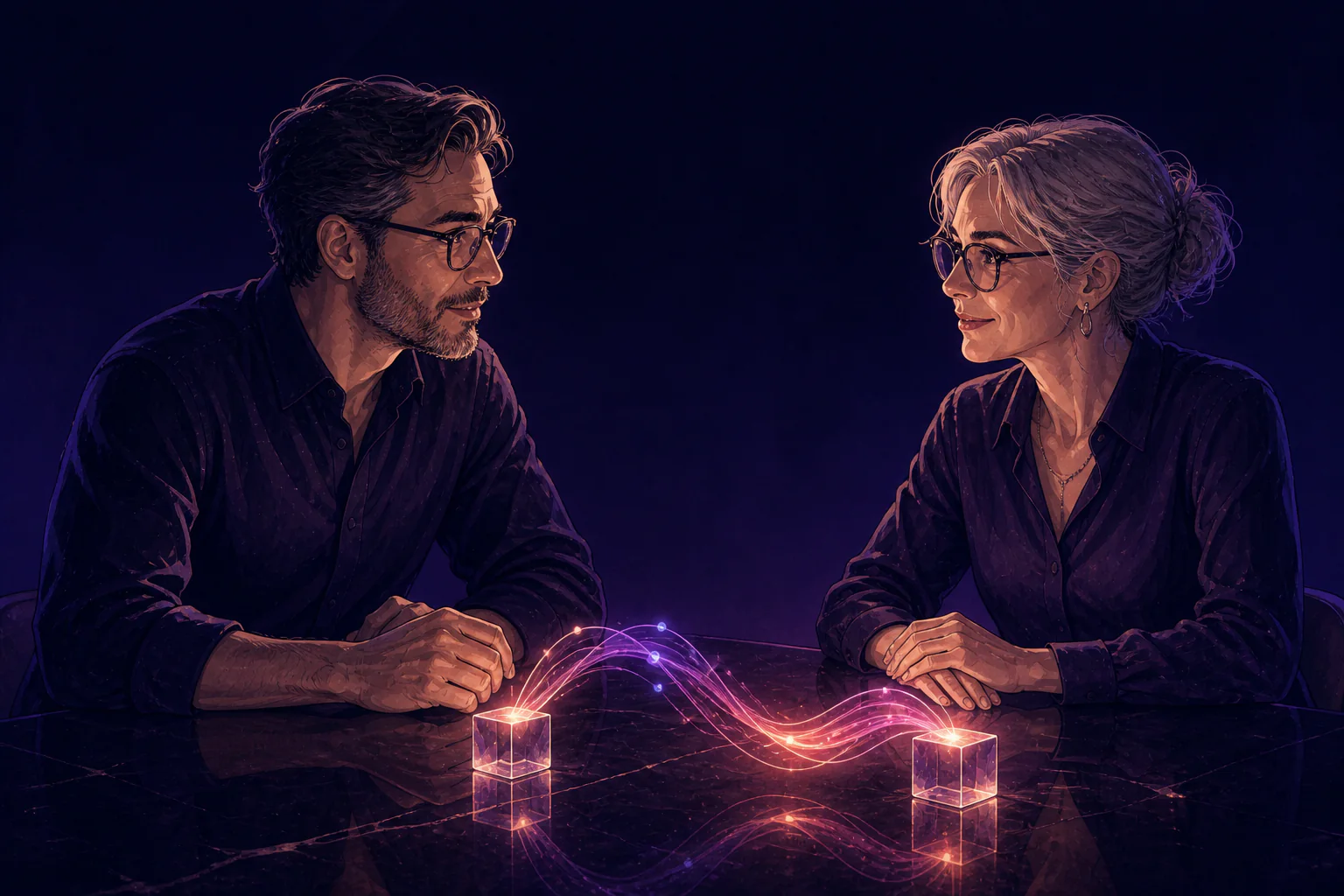 Two experienced professionals hold a direct conversation across a luminous signal.