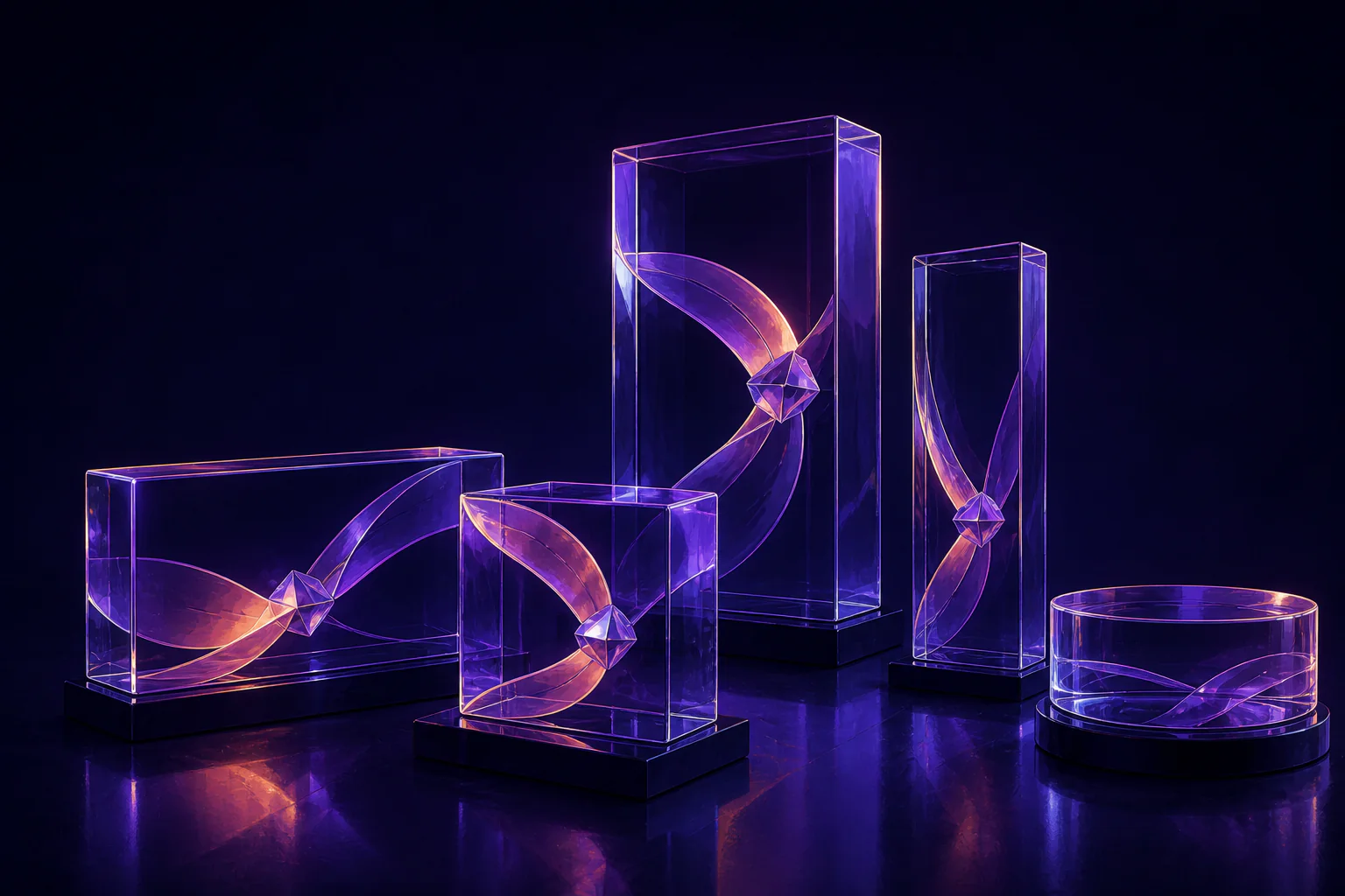 One visual idea adapts coherently across wide, square, vertical, and shallow glass forms.