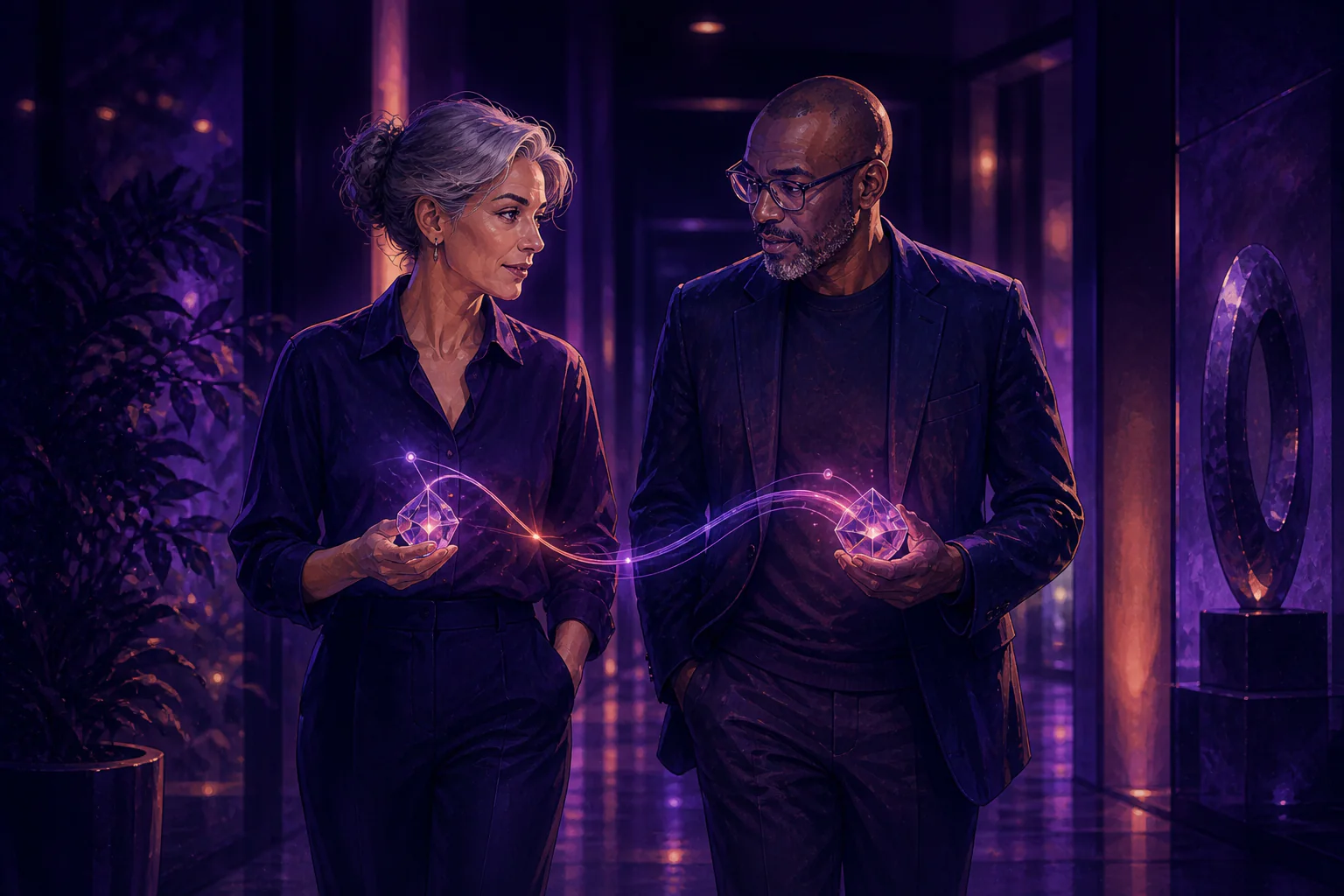 Two agency professionals exchange ideas while walking through a refined violet environment.