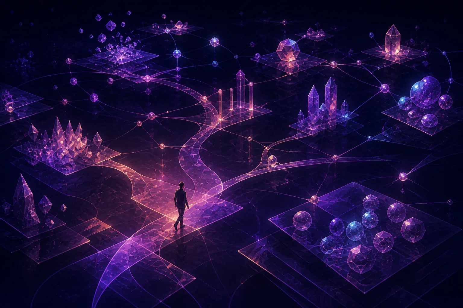 A strategist explores a deep knowledge landscape where raw signals branch into useful perspectives.
