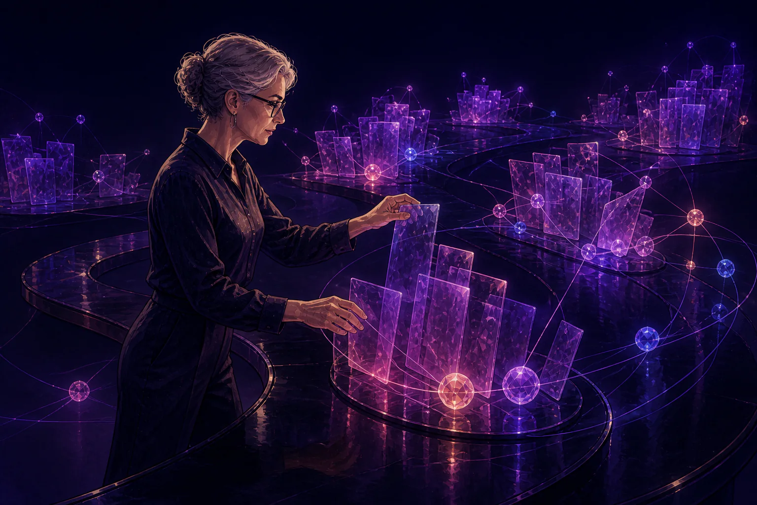An editor organizes translucent knowledge objects into connected lines of inquiry.
