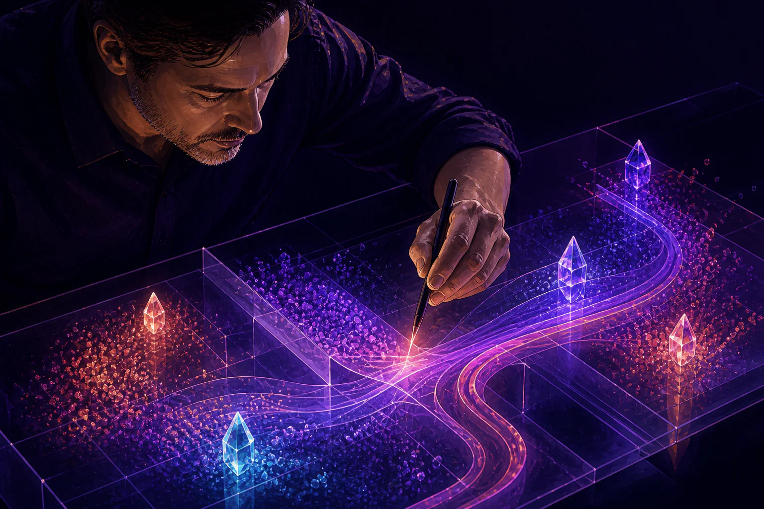 An analyst guides fragmented market intent into precise paths through a transparent field.