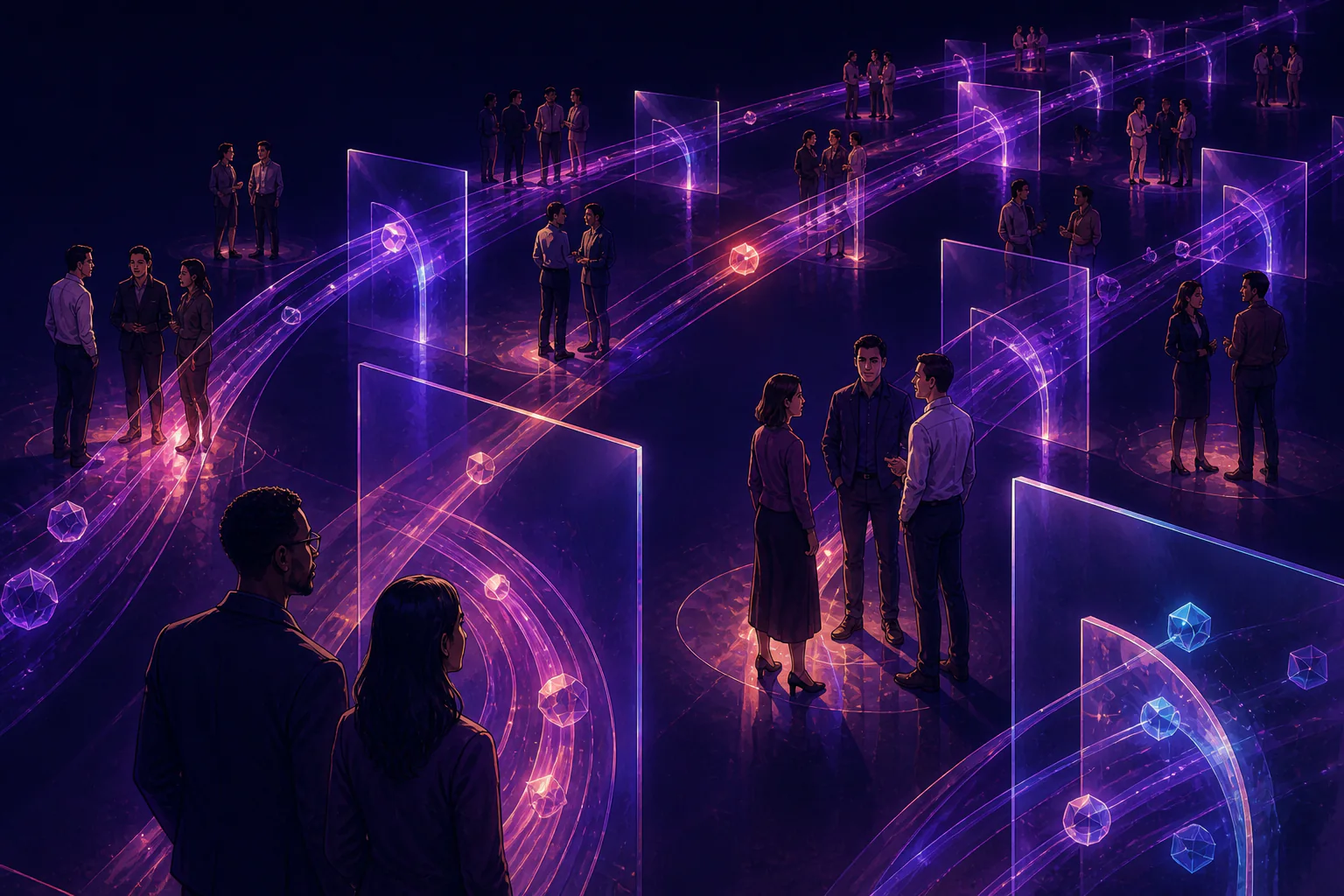 Audience groups connect through controlled luminous media pathways and transparent gates.