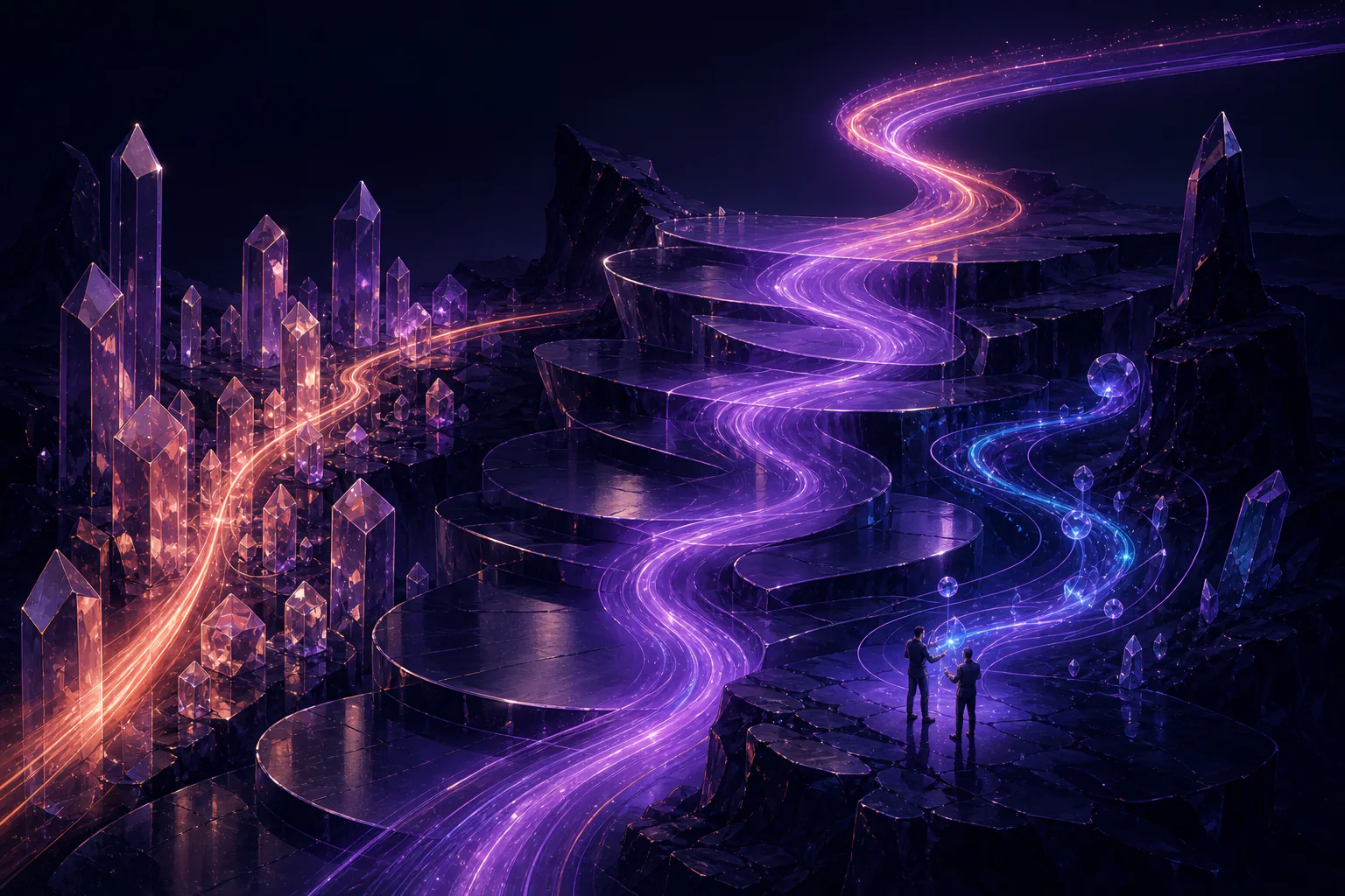 Media, creative, and decision signals move through a connected dimensional landscape.