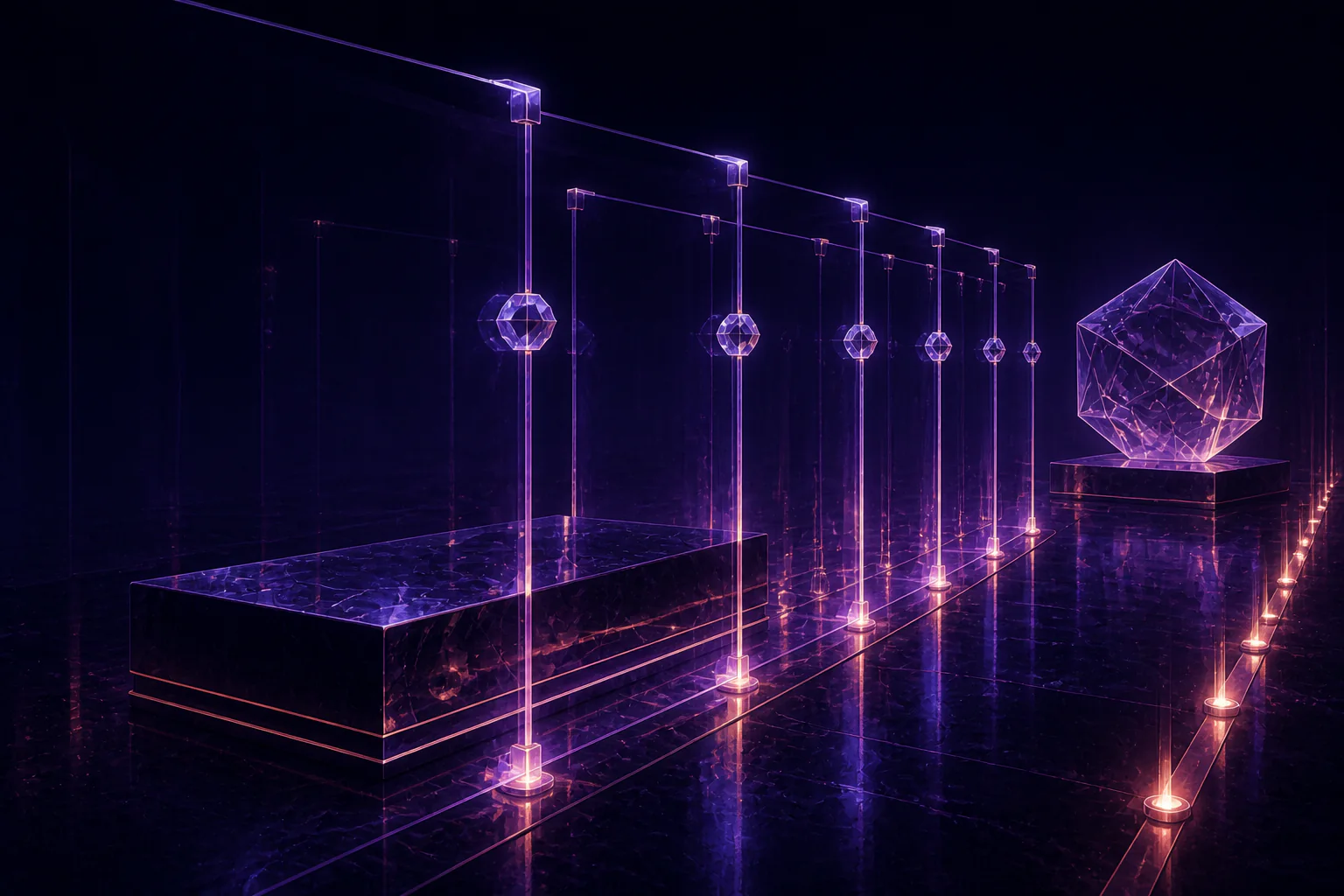 A transparent evidence chamber organizes context, systems, and verified outcomes.