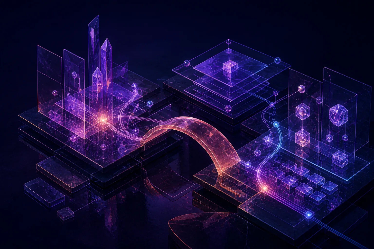 An abstract engagement architecture connects context, systems, and evidence across glass structures.